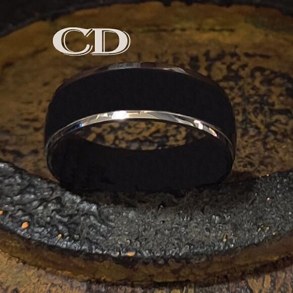 Men's Black Titanium Wedding Ring Band - Black With Silver step Edges - Picture 1 of 7